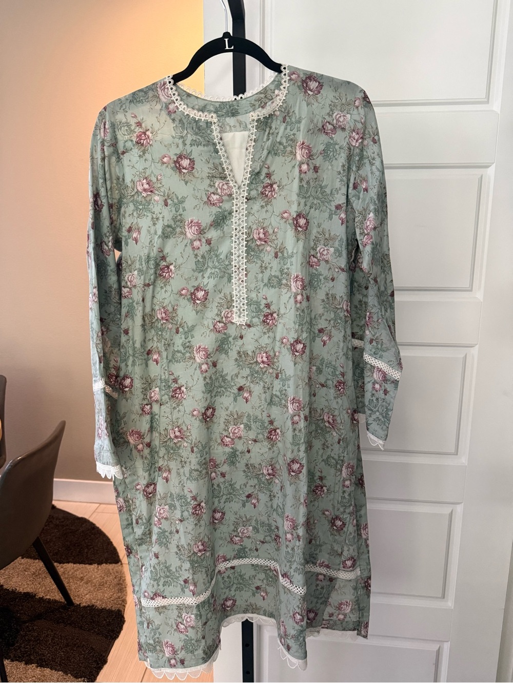 Girls' Floral Mint Green Tunic Dress with Lace Trim